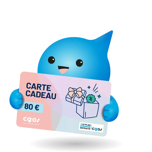 Mascotte CGOS tenant une carte cadeau de 80 €